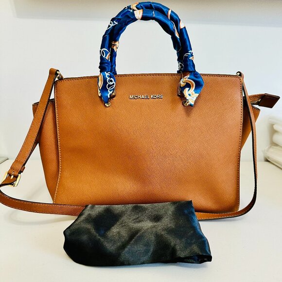 EUC MICHAEL KORS TWO-WAY SELMA CAMEL SAFFIANO LEATHER SATCHEL CROSSBODY BAG - Picture 1 of 16